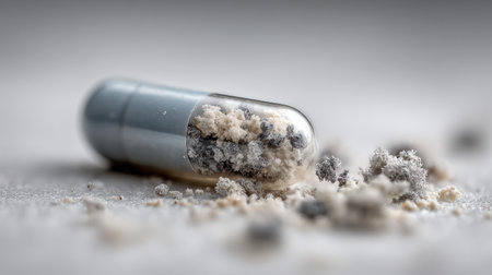 A capsule lies on a flat surface, spilling fine powder with varied textures. Soft natural light highlights the details and colors, creating an intriguing scene.の素材