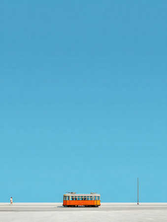 An orange tram stands on the street while a lone person walks nearby, all against a vivid blue sky on a bright day, showcasing a serene urban scene.の素材