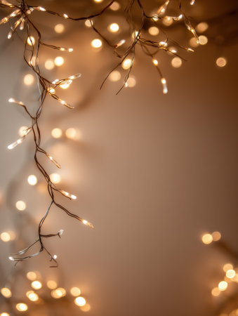 Softly glowing string lights illuminate the background, creating a cozy ambiance suitable for gatherings or quiet moments in the evening.の素材