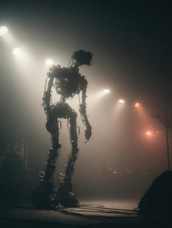 A giant robotic sculpture is positioned in a dimly lit venue, surrounded by fog. Colorful stage lights create a dramatic atmosphere as the performance unfolds.の素材