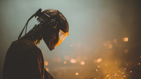 A worker is absorbed in metalwork, sparks flying around in a dim workshop lit by warm tones, highlighting a dedicated craftsmanship atmosphere.の素材