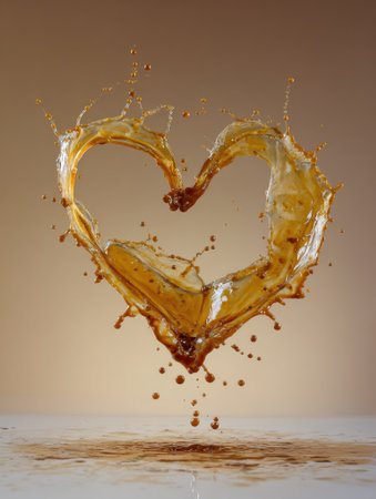 A vibrant splash forms a heart shape as liquid droplets fly in various directions, creating an artistic display against a soft brown backdrop.の素材
