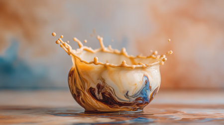 A moment of beauty unfolds as a colored splash rises from a bowl, blending hues in a serene setting, evoking artistic inspiration and fluid dynamics.の素材