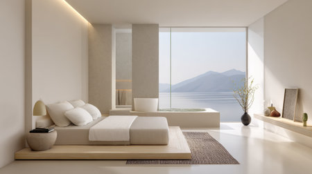 Cozy bedroom featuring a spacious layout, large windows with a mountain view, and a tranquil ambiance, perfect for relaxation and comfort.の素材