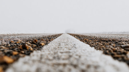 Frost-covered road leads into a foggy distance, surrounded by barren landscape, evoking a sense of isolation during a cold winter day.の素材