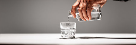 Water is being poured from a glass container into a clear glass, creating a serene moment of everyday life. The setting is bright and minimalistic.の素材