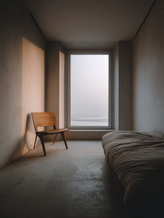 Warm morning light fills a simple, cozy room with a wooden chair and a soft bed, creating a tranquil and inviting atmosphere perfect for relaxation.の素材