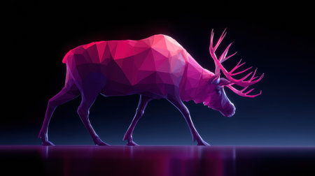 A striking artistic representation shows a polygonal deer moving gracefully against a neon-lit backdrop. The design highlights the beauty of wildlife.の素材