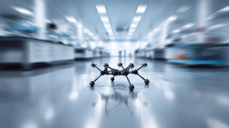 A molecular model sits prominently on a reflective surface within a high-tech laboratory, surrounded by tools for scientific research and discovery.の素材