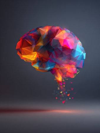 This vibrant brain design made of colorful polygons symbolizes creativity and abstract thinking, set against a dark background for contrast.の素材