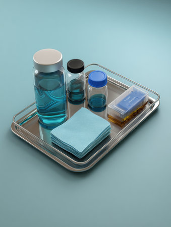 Several glass containers filled with blue liquids are placed on a metallic tray, complemented by blue paper towels in a light-colored setting.の素材