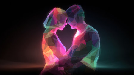 An abstract design depicts a couple in a close embrace, using bright colors and geometric shapes to symbolize love and connection in a contemporary art style.の素材