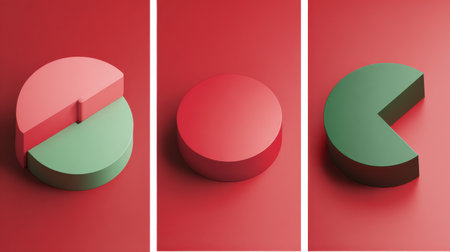 Three vibrant geometric shapes in pink and green displayed on a bold red background, offering inspiration for modern design and artistic projects.の素材