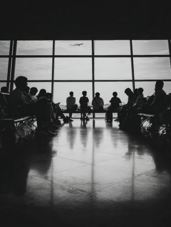 People sit in an airport lounge, silhouetted against large windows while observing an airplane taking off during cloudy weather.の素材