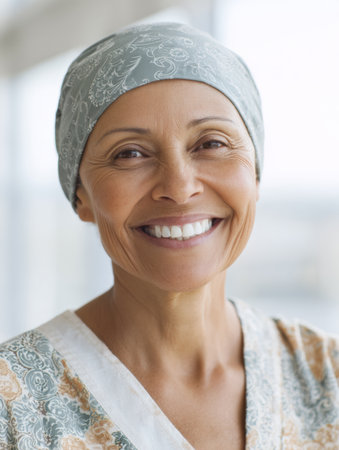 Woman wearing a headscarf smiles warmly, radiating positivity in a bright indoor environment, capturing a moment of strength and serenity.の素材