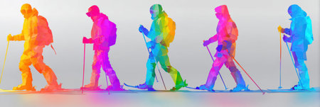 Five abstract figures ski across a snowy landscape, showing vibrant colors and dynamic movement, capturing the spirit of winter sports.の素材