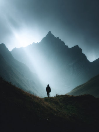 A lone figure walks across a dark landscape, approaching majestic mountains under a dramatic sky filled with light rays and shadows at dusk.の素材