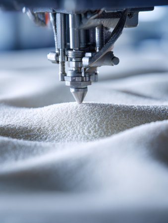 A cutting tool is engaged in precise work on soft fabric, showing the intricate details of the textile being processed in a workshop environment.の素材