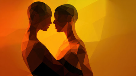 Two abstract figures stand close together, faces nearly touching in a warm palette of oranges and yellows, expressing a sense of closeness and emotion.の素材