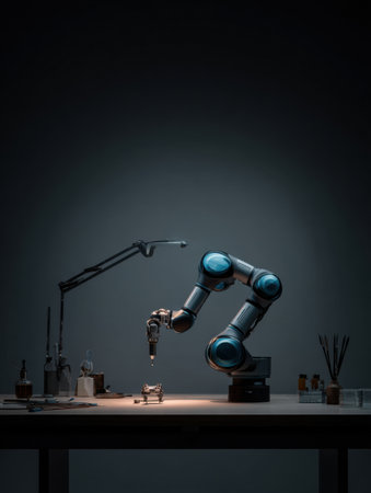 A robotic arm is skillfully crafting intricate designs on a workbench in a workshop. The low light enhances the focus on its precise movements and tools.の素材