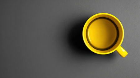 Bright yellow mug sits alone on a dark surface, emphasizing its color against the muted background and creating a minimalist aesthetic.の素材