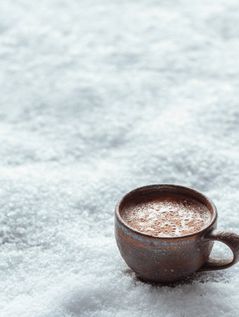 A rustic brown cup filled with hot chocolate sits on a smooth expanse of fresh white snow, highlighting the chilly winter atmosphere and tranquility.の素材