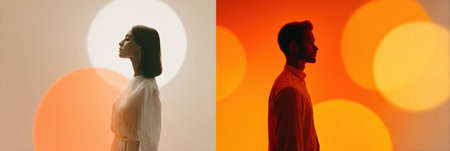 Two individuals stand back to back against a softly blurred backdrop, creating a striking contrast of light and shadow during twilight.の素材