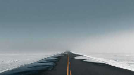 A long road disappears into thick fog, surrounded by expanses of snow and ice, creating a serene and quiet winter atmosphere.の素材