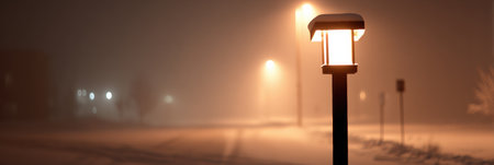Soft snowfall blankets a deserted road illuminated by glowing streetlights, creating a peaceful and serene winter ambiance during a quiet night.の素材