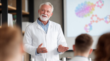 An experienced scientist discusses molecular structures in a well-equipped classroom, engaging students with visual aids and interactive teaching methods.の素材