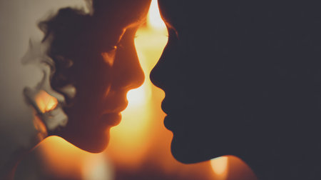 Two silhouettes of faces almost touching, illuminated by warm, soft light, evoking a deep sense of intimacy and connection during the early evening.の素材