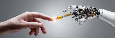 A human hand reaches out to connect with a robotic hand, highlighting the blend of technology and human interaction in a modern setting.の素材