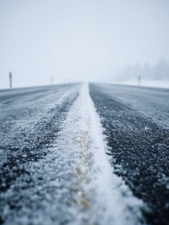 A long, empty road covered in fresh snow stretches ahead, blending into a foggy winter landscape under gray skies, creating a tranquil yet eerie atmosphere.の素材