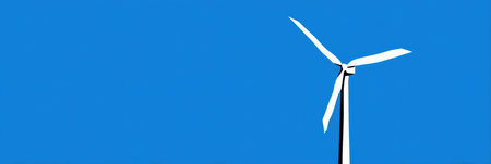 A white wind turbine rotates steadily under a bright blue sky, symbolizing the shift towards clean energy and sustainable practices.の素材