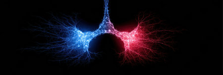 Visual depiction shows vibrant neural connections in blue and red hues against a dark background, emphasizing complexity and depth of the design.の素材