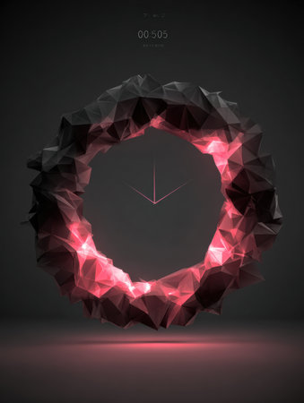 Unique digital clock with a polygonal structure illuminated in red, surrounded by darkness, presenting a modern and artistic timekeeping concept.の素材