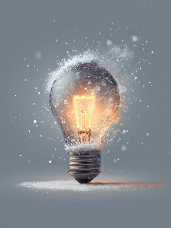 A glowing light bulb shines amid swirling snowflakes and sparkling particles, creating a captivating winter scene of warmth.の素材