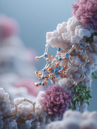 This close-up showcases intricate molecular structures interacting with vibrant coral formations, creating a serene underwater landscape rich in detail.の素材