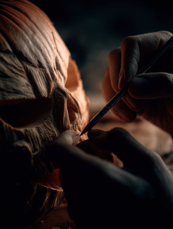 An artisan skillfully carves detailed patterns on a pumpkin, highlighting the art of pumpkin carving in a cozy evening setting.の素材