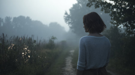 A woman strolls quietly on a misty trail beside a calm water body at dawn, enveloped by gentle fog and lush greenery, creating a peaceful atmosphere.の素材