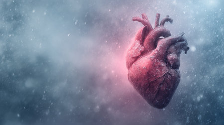 A heart floats softly amidst falling snowflakes, surrounded by a dreamy haze. The scene evokes emotion and intrigue in a cold, tranquil atmosphere.の素材