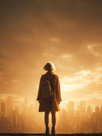 A person stands overlooking a sprawling city skyline at sunset, with warm light illuminating the scene. The atmosphere is serene and reflective.の素材