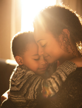 Mother embraces her young son in a warm glow, capturing an intimate moment of love and connection in a softly lit living space.の素材
