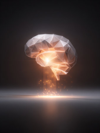 A distinct geometric brain appears, illuminated with a warm glow, symbolizing the fusion of technology and human intelligence in a modern digital landscape.の素材