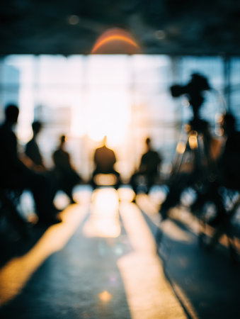 Silhouetted individuals participate in a discussion as the sun sets, with a camera capturing the moment in a contemporary setting.の素材