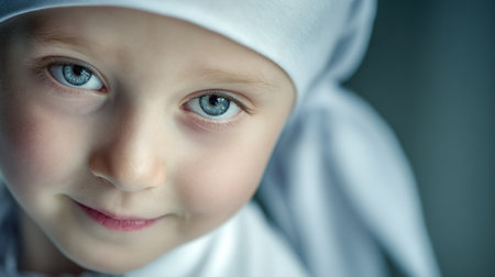 A child with bright blue eyes and a white headscarf gazes softly to the camera, illuminated by gentle lighting that highlights delicate features.の素材