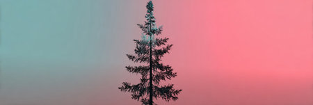 A tall tree is centered against a stunning background of pink and blue hues at twilight, symbolizing peace and the beauty of nature.の素材