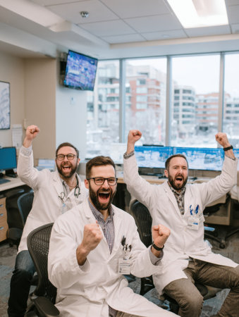 Three doctors wearing lab coats cheerfully in a hospital office, showing excitement and camaraderie. Bright daylight streams through the windows.の素材