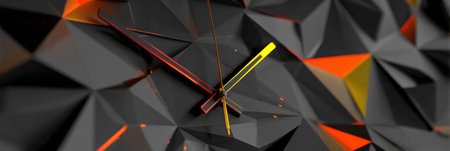 A stylish 3D clock displays its intricate design against a backdrop of black, orange, and yellow geometric shapes, highlighting modern aesthetics.の素材