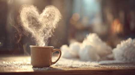 Steaming hot coffee in a rustic cup shows a heart shape in the vapor, creating a warm, inviting scene perfect for a cozy gathering.の素材